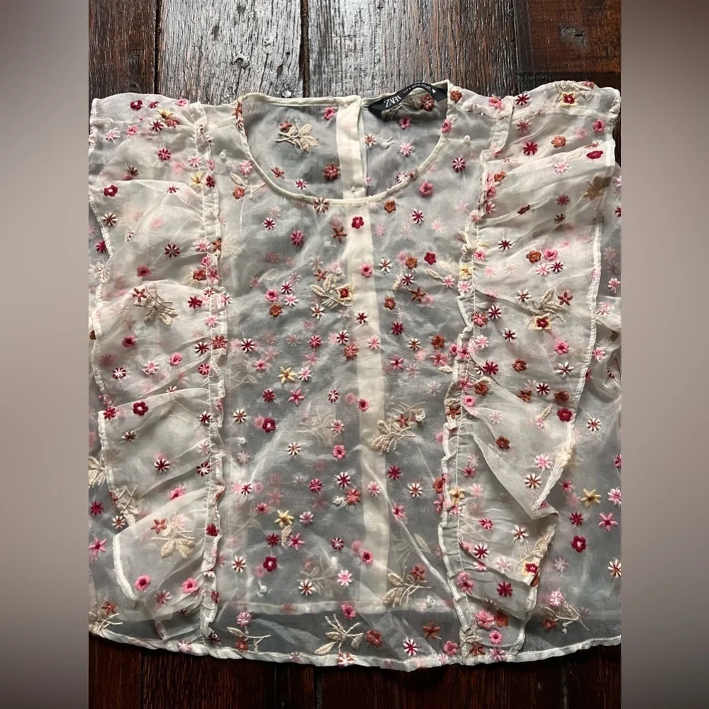 Zara organza sheer long sleeved floral cropped blouse women’s size small - Picture 4 of 9